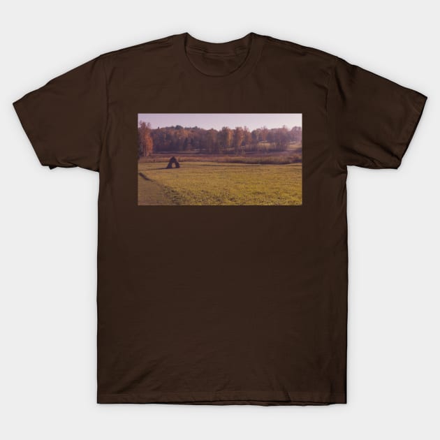 Autumn field with haystack and the wood T-Shirt by lena-maximova